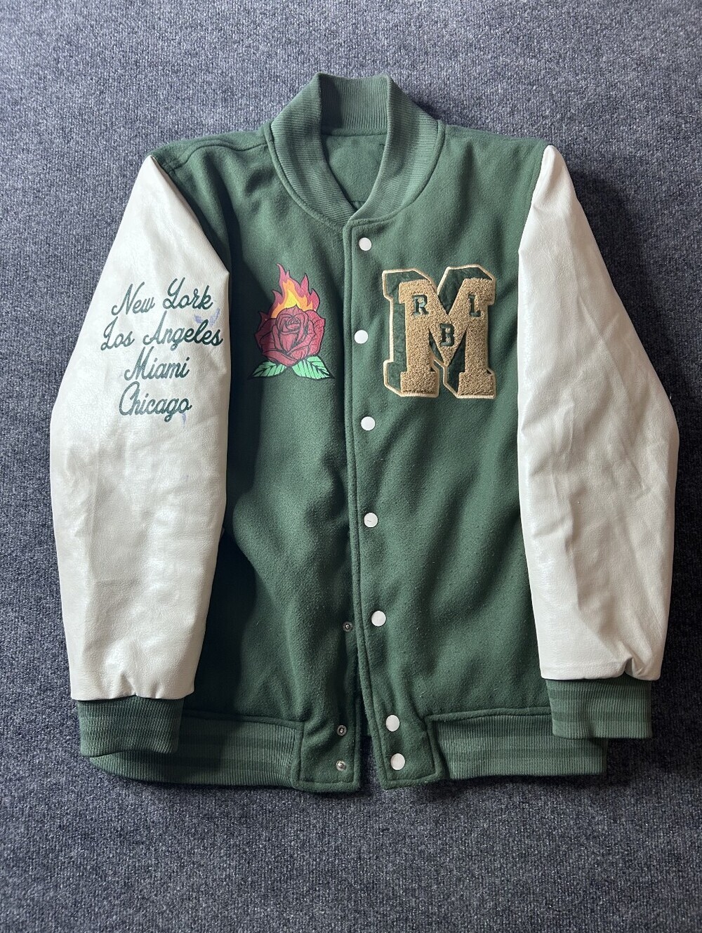 Green & White Rue21 Varsity Jacket with Embroidered Rose And M Size Large